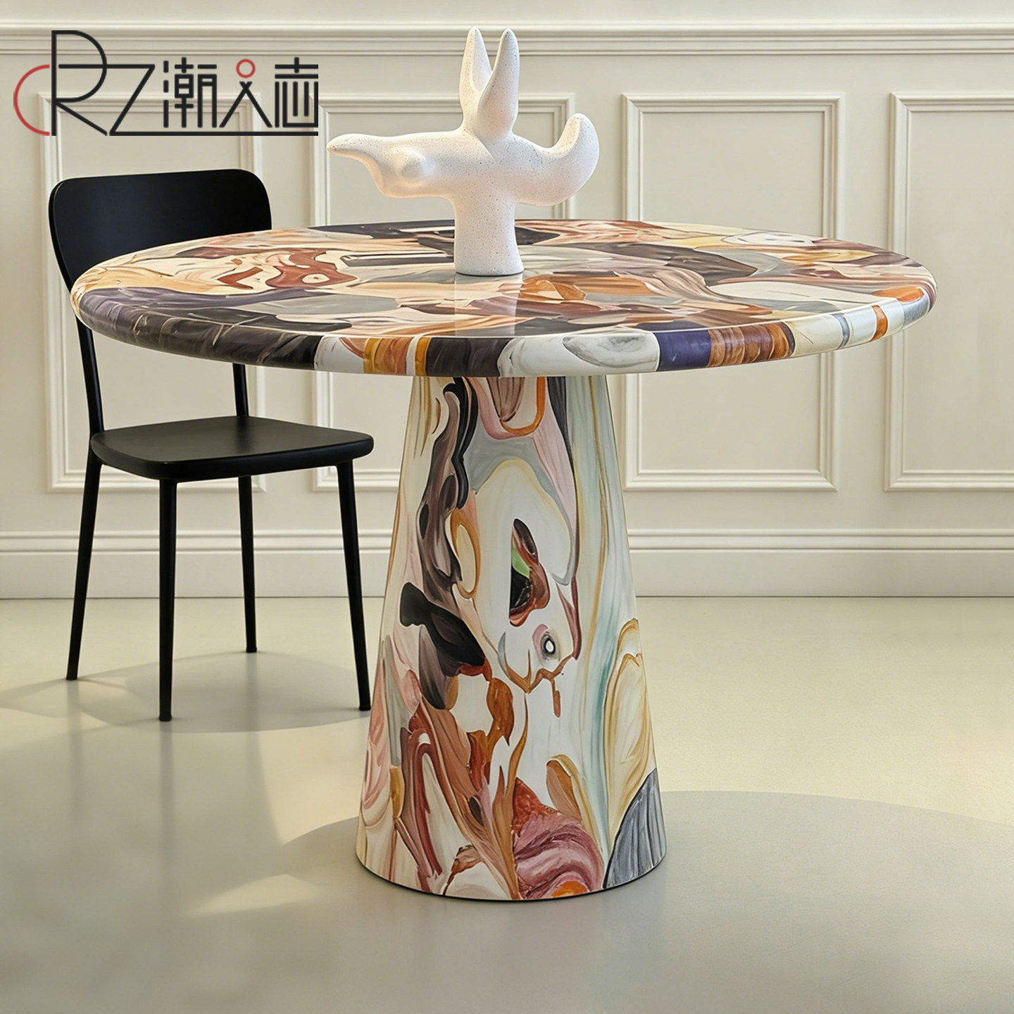 潮人志中古设计师艺术彩绘圆桌子创意油画手绘桌子玻璃钢圆形餐桌