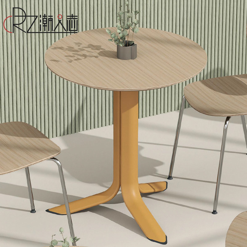 北欧实木多层板餐桌餐厅食堂咖啡厅圆桌子奶茶店方桌休闲洽谈桌子