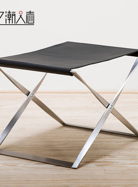 北欧设计凳子PK91真皮小凳子意式极简家用不锈钢X型折叠凳换鞋凳