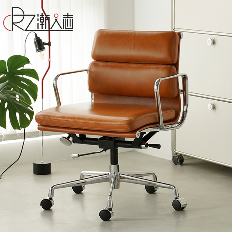 北欧轻奢棕色真皮电脑椅子家用书房办公椅子舒适久坐旋转升降座椅