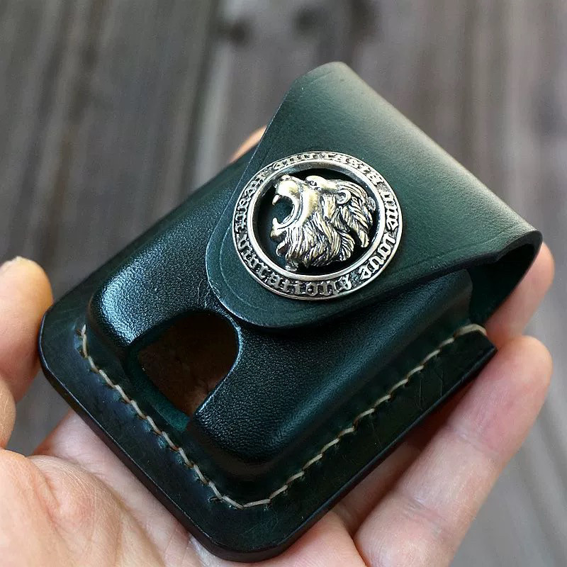 手工皮具打火机皮套绿色狮头扣植鞣牛皮便携挂腰适用Zippo 朗声