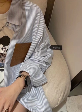 现货SAINA贴标条纹设计感小众衬衫上衣ins洋气休闲衬衣外套港风女