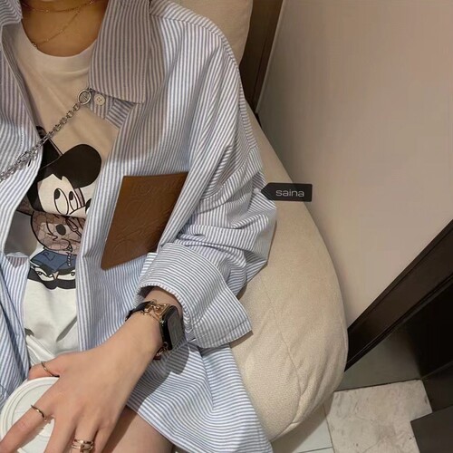 现货SAINA贴标条纹设计感小众衬衫上衣ins洋气休闲衬衣外套港风女
