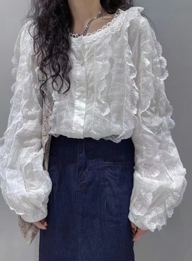 BOLATU柏拉图棉麻蕾丝衬衫女甜美圆领木耳边宽松长袖白衬衣21295