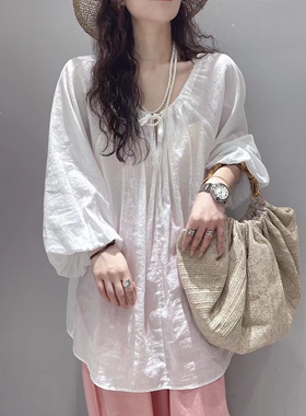 BOLATU柏拉图棉麻透气绑带设计灯笼袖衬衫风宽松显瘦防晒22116