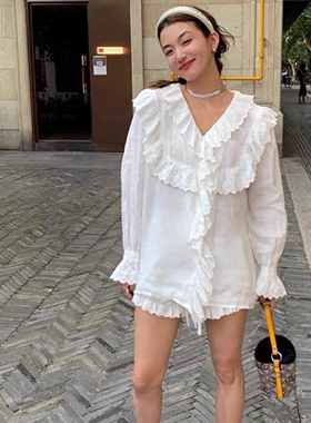 BOLATU柏拉图苎麻棉麻韩版荷叶边舒适随性宽松长袖上衣衬衫22157