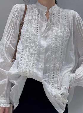 BOLATU柏拉图新款蕾丝拼接设计感棉麻衬衫宽松长袖衬衣女潮21291