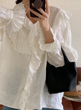 BOLATU柏拉图苎麻棉麻通勤韩版荷叶边随性宽松长袖上衣衬衫22157