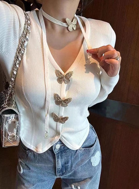 DH春装新款韩版小众设计气质V领蝴蝶扣修身显瘦小香风针织开衫