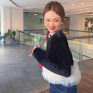 女 黑色丝绒设计感拼接网纱裙边气质衬衫 韩国东大门2025秋冬季 新款