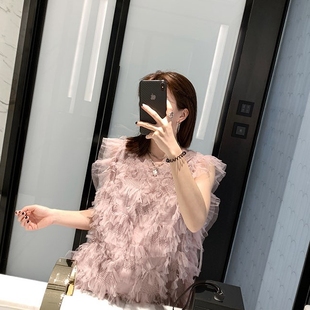 重工2025春夏特殊编织工艺网纱流苏荷叶粉色马甲上衣百搭甜美女