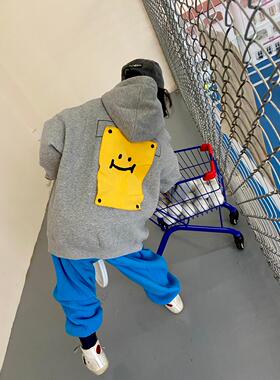 iaiammo原创设计秋洋气宽松贴布笑脸中长款男女中大童装连帽卫衣