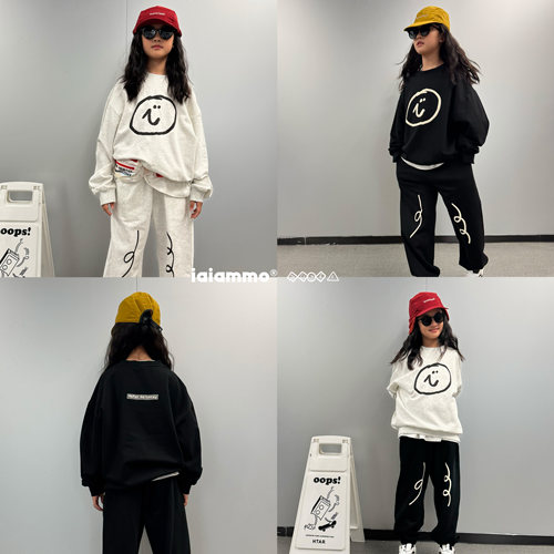 iaiammo丨25AW 设计笑脸LOGO起泡印男女中大儿童装 卫衣长裤套装