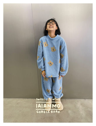 iaiammo23AW 韩版刺绣小熊软糯双层珊瑚绒儿童家男童女童居服睡衣