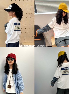 iaiammo丨原创设计25秋铭牌条纹拼袖假两件韩版男女中大童装长T恤