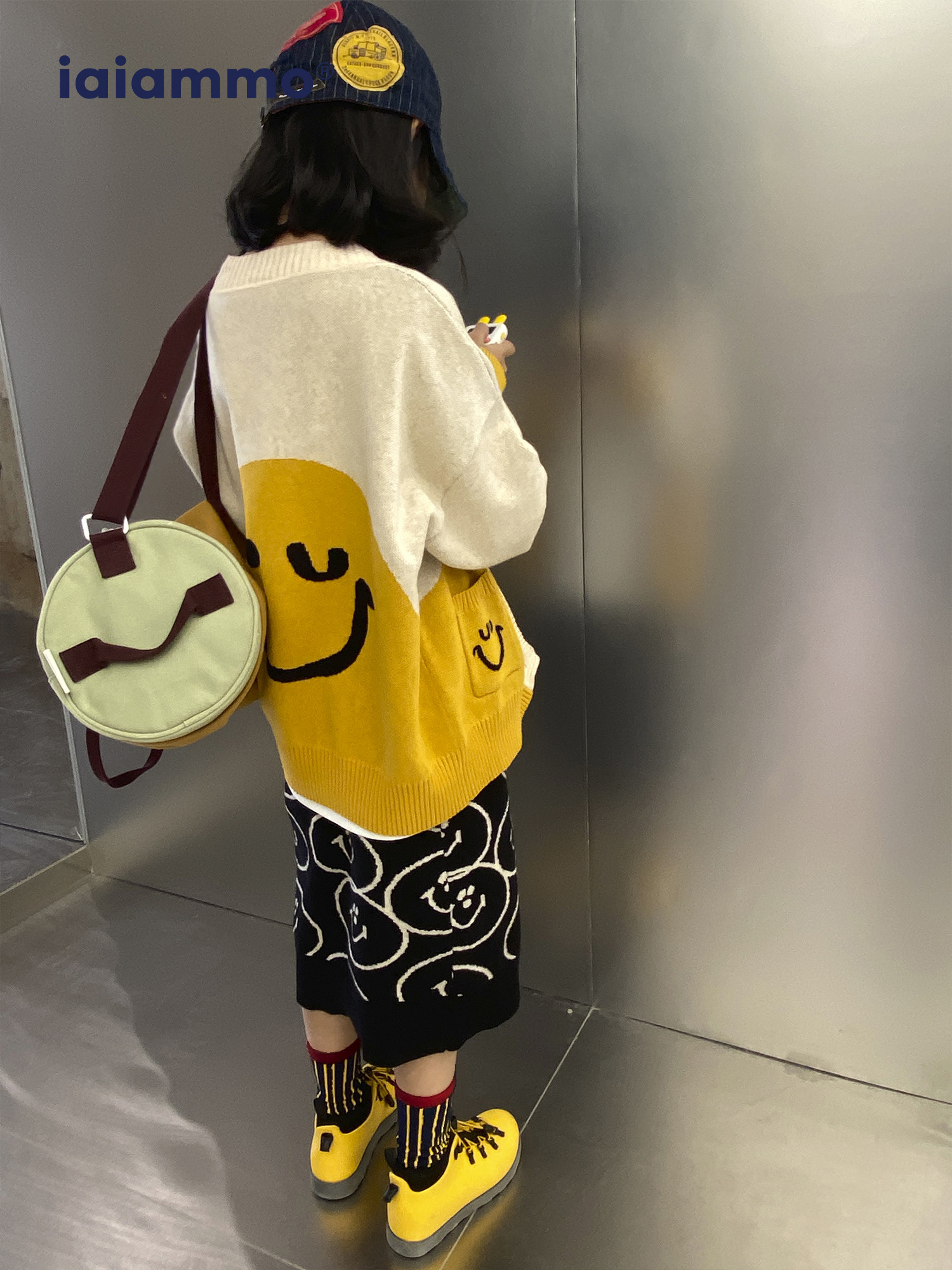 iaiammo 洋气大笑脸童羊绒混纺男女中大童装毛衣开衫外套针织长裙