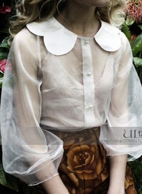 高级定制  郁金香花瓣领灯笼袖透明薄纱仙女范梦幻衬衣