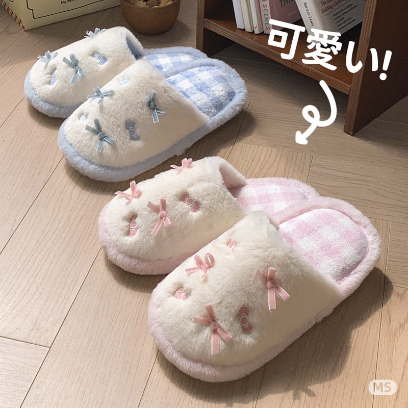 ins可爱刺绣蝴蝶结棉拖鞋女居家室内防滑地板拖鞋加绒保暖毛毛拖