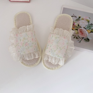 棉麻拖鞋 法式 外穿四季 女夏防滑地板凉拖鞋 碎花荷叶边居家亚麻拖鞋