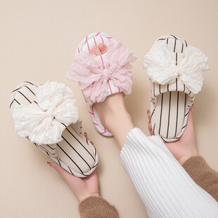 甜美蝴蝶结鱼口拖鞋 可外穿 女居家软底布艺室内防滑地板露趾凉拖鞋