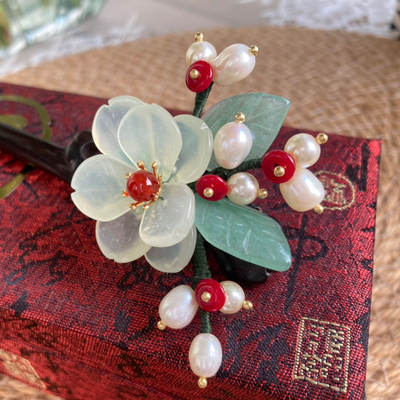 新款手工岫玉珍珠流苏黑檀木簪古风发饰步摇头饰