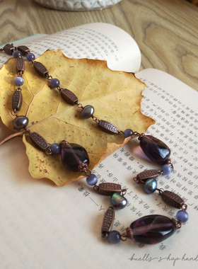 原创设计手作新品暗紫色琉璃珠装饰艺术复古合金短项链饰品女