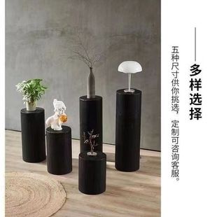侘寂风复古圆形实木墩子花架底座原木树桩样板间茶室玄关展示柜