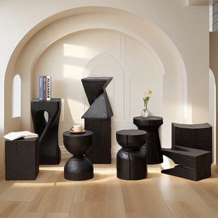 碳化艺术造型根雕凳子木墩边几原木茶几矮凳民宿创意花架换鞋凳