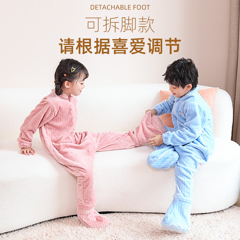 儿童睡袋春秋季法兰绒薄款大童男女宝宝分腿防踢被珊瑚绒连体睡衣