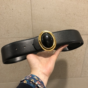 毛衣外套束腰牛皮带明星同款黑曜石腰带圆扣真皮腰封裤带