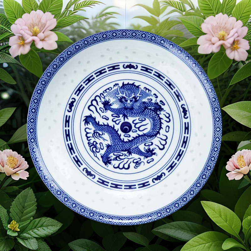 景德镇陶瓷典雅玲珑瓷青花龙盘餐具套装深菜圆盘中式真品釉下彩