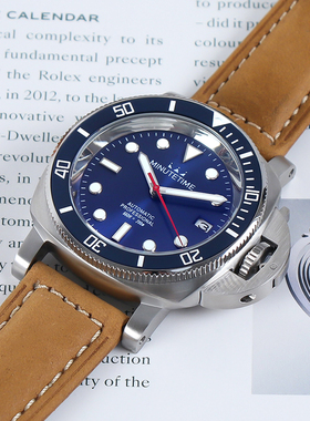 改装潜水表不锈钢精钢壳NH35A自动机械蓝复古真皮表带男士表44mm
