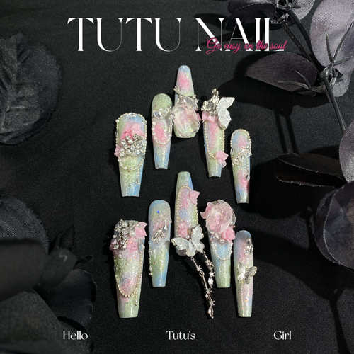 绿粉蝴蝶穿戴甲TUTUNAIL超长T尖
