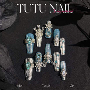 NAIL手工穿戴甲可拆卸美甲重工长T尖蓝链条 TUTU 萧逸不渝海誓