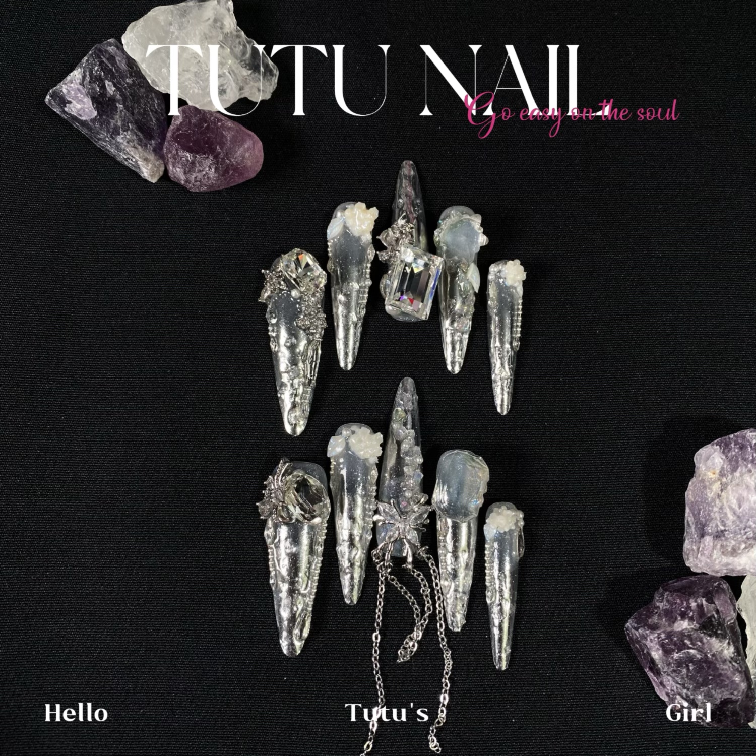 【银白触手】TUTU NAIL手工穿戴美甲显白重工魔镜粉链条高级超长