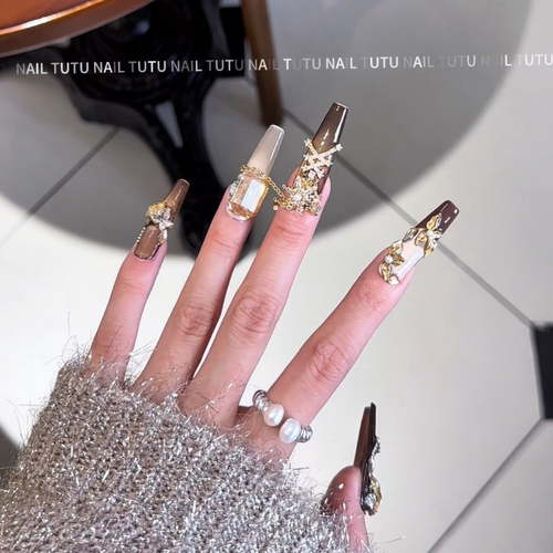 【焦糖琥珀】TUTU NAIL手工穿戴美甲重工秋冬咖黄色猫眼雕花链条