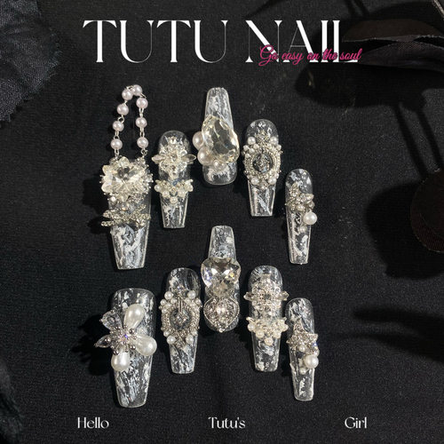 【莫弈】TUTU NAIL手工穿戴可拆卸美甲重工长T尖白链条乙游二次元