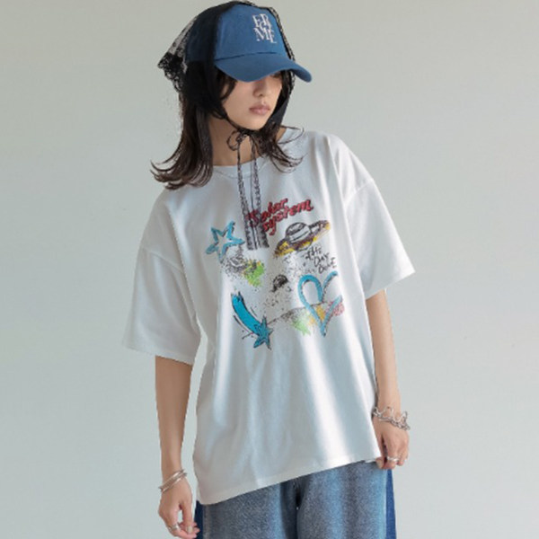 日单日系宽松款丝光棉星球卡通印花小字母短袖圆领T恤小衫上衣女,女装/女士精品,T恤,淘宝优惠券,粉丝福利购,淘宝优惠卷