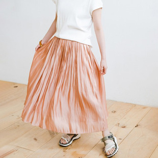 出口韩国海岛丝流光压褶百搭显瘦四季大码松紧腰A版半身裙长裙