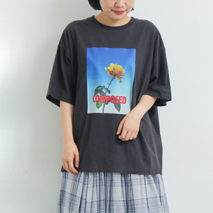 日单森女风日系SM涤棉卡通动物小花印花宽松圆领短袖 T恤上衣小衫