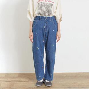 日单日系SM刺绣小花半松紧腰牛仔裤 女 女宽松休闲百搭显瘦直筒长裤