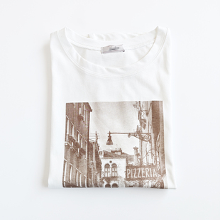 日单日系白色丝光棉简约百搭棕色字母印花短袖 上衣女 圆领T恤小衫