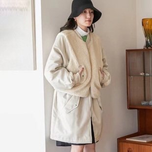 日单日系秋冬叠穿保暖棒球领宽松中长款 女 棉衣外搭羊羔毛马甲套装