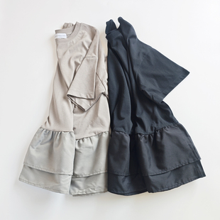 日单日系丝光棉简约拼接款宽松A版荷叶边下摆圆领短袖T恤上衣女