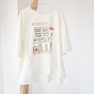 日单日系卡通咖啡刺绣印花纯棉宽松前短后长下摆短袖 T恤上衣女