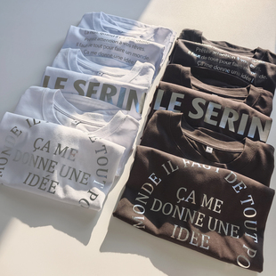 日单日系宽松款 T恤上衣女 丝光棉白棕色亮银字母印花百搭圆领无袖