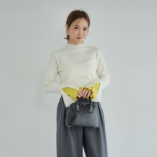 长袖 高领双层撞色喇叭袖 T恤上衣女 款 日单日系木耳边薄绒螺纹修身