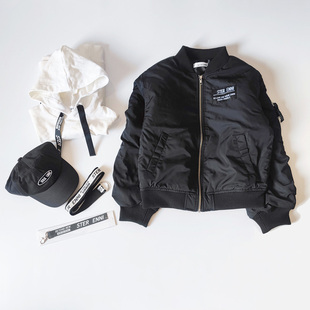 日单儿童宽松短款白卫衣黑色棒球领棉服棉衣男女童中性130-150码