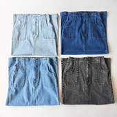 日单深浅蓝黑复古纯棉直筒前开叉半松紧高腰牛仔半身长裙S XL四码