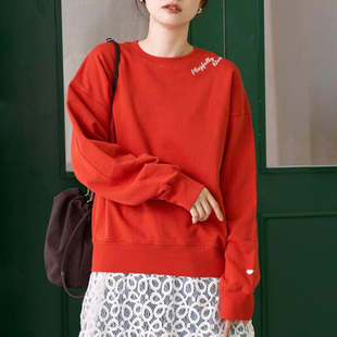 日单日系纯棉心性字母刺绣宽松休闲短款 纯棉卫衣女 小圆领套头长袖